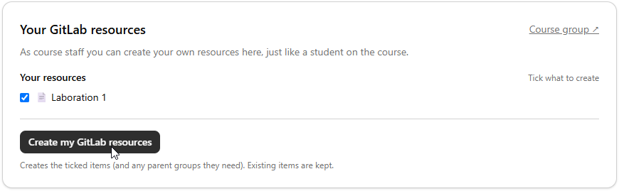 ActionHub, lista med kryssrutor för GitLab-resurser och knappen Create my GitLab resources