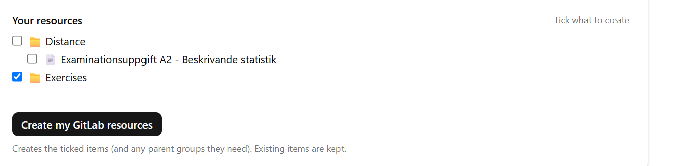 ActionHub, lista med kryssrutor för GitLab-resurser och knappen Create my GitLab resources