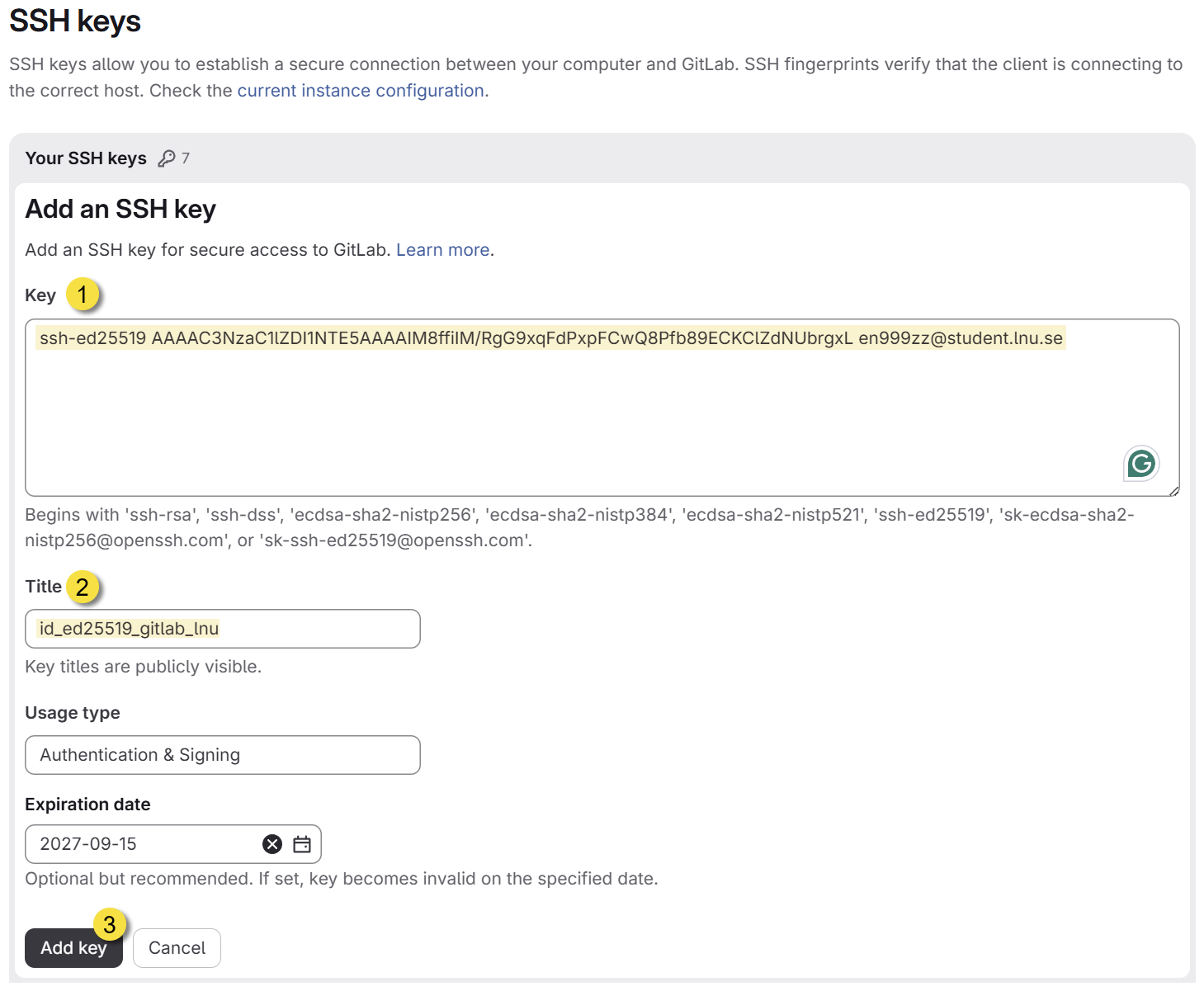 GitLabs formulär för att lägga till en SSH-nyckel, med fälten Key och Title samt Add key-knappen markerade med siffrorna 1 till 3