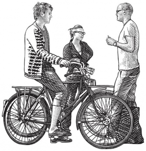 Kopparstick på studenter står står och pratar vid en cykel